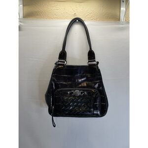 Brighton Black Patent Leather Embossed Croc Shoulder Bag Lots of Pockets D589085